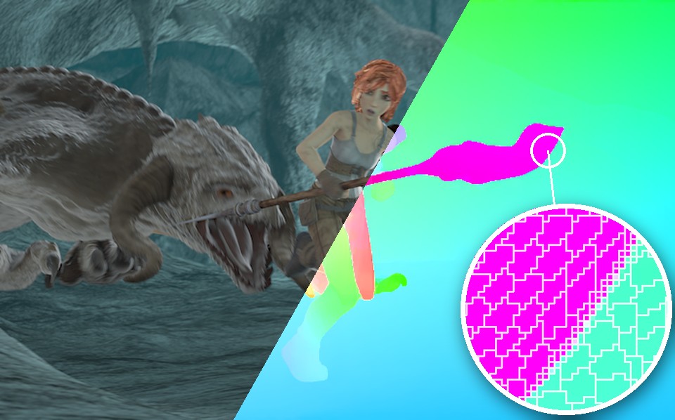 A frame of a girl and a dragon turns into DACE's predicted optical flow along a diagonal; a magnifier on the axe blade shows learned correspondence units following its edge.